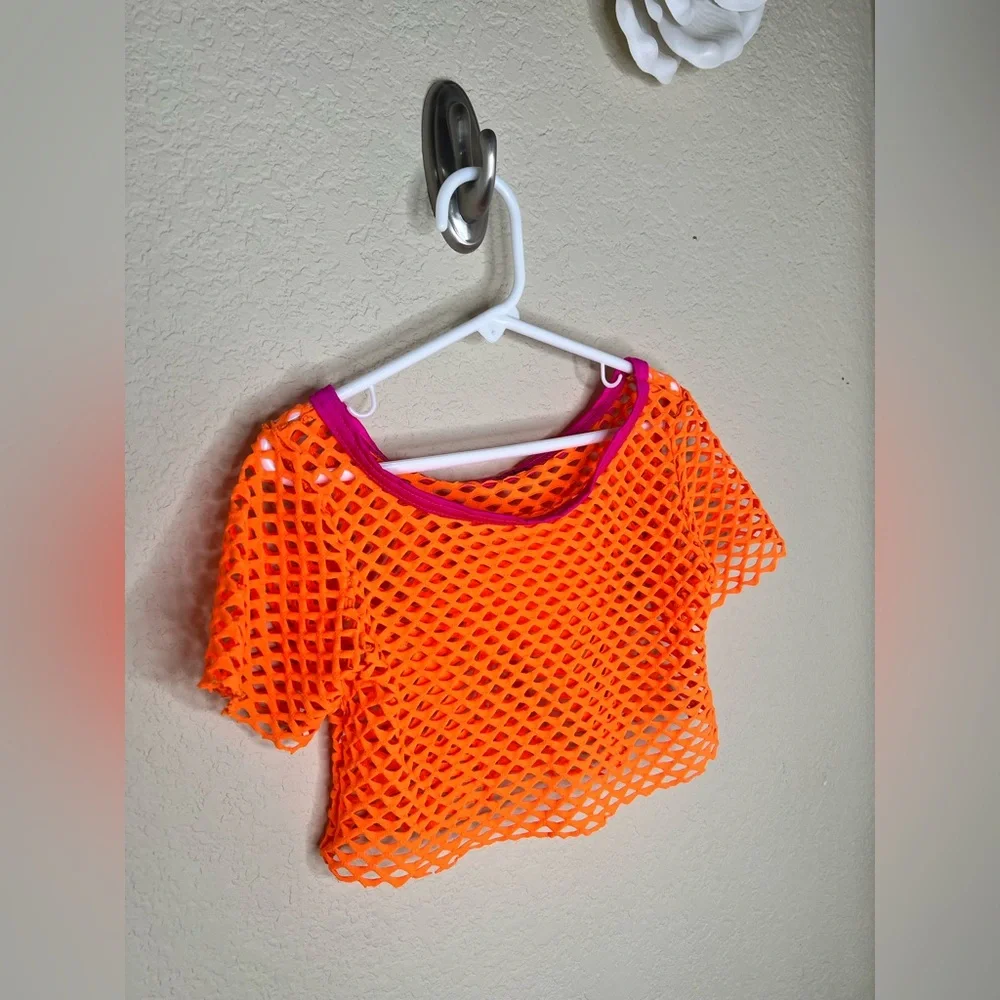 Girls Neon Orange Fishnet Dance Crop Top 80s Costume Mesh Cover Up Child M
